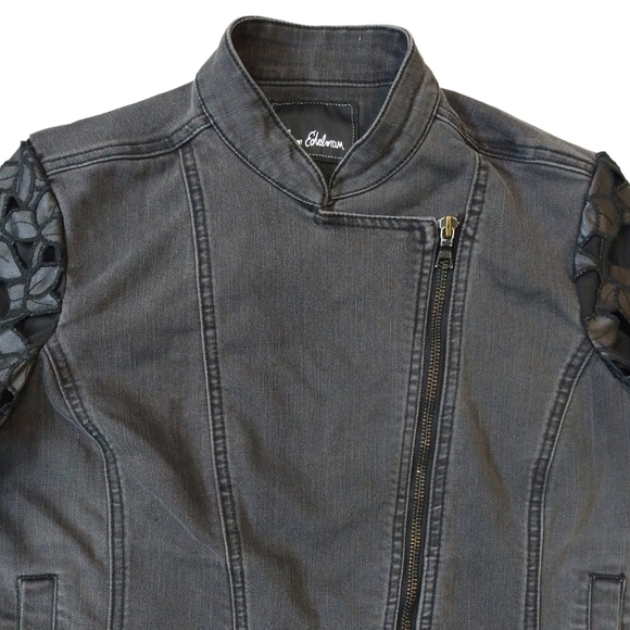 Sam Edelman Black Denim Moto Jacket Contrast Cutout Faux Leather Sleeves Unique - Picture 4 of 12